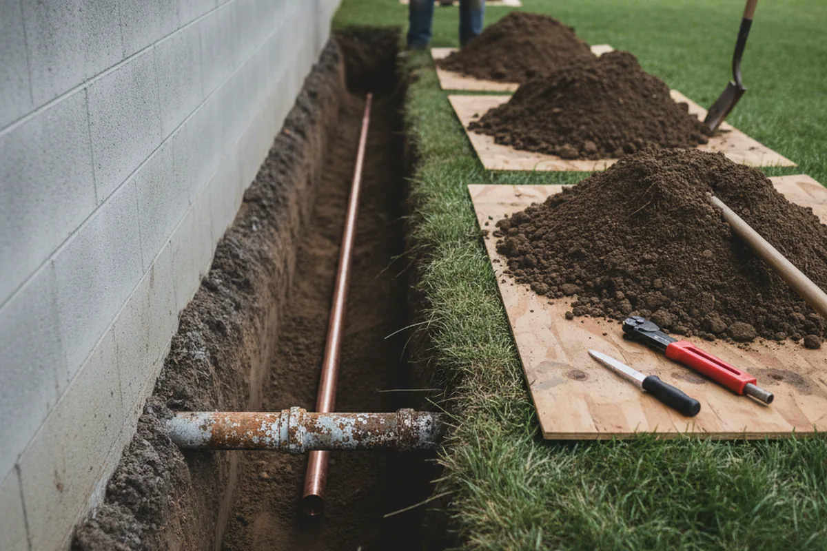 Excavated water line trench during Water Heater Repair in Bala Cynwyd